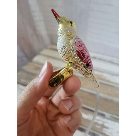 Red Gold bird clip-on glass frosted glitter Xmas tree - Picture 7 of 7